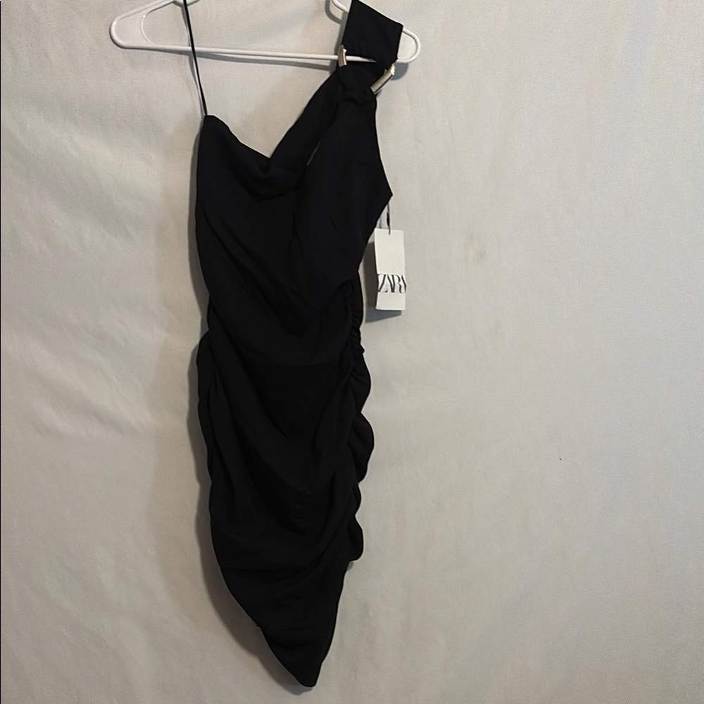 Zara Black Asymmetrical Ruched Cocktail Dress